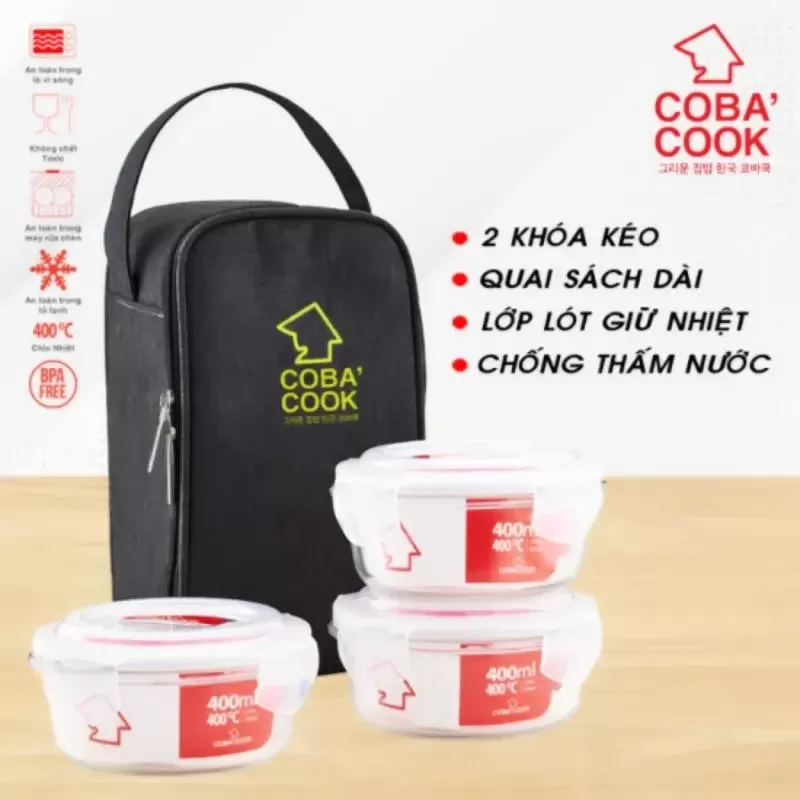Bộ túi hộp đựng cơm thủy tinh COBAs COOK