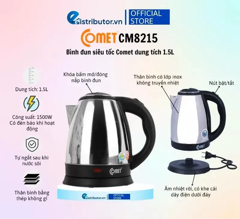 Bình đun siêu tốc inox Comet CM8215 1.5L