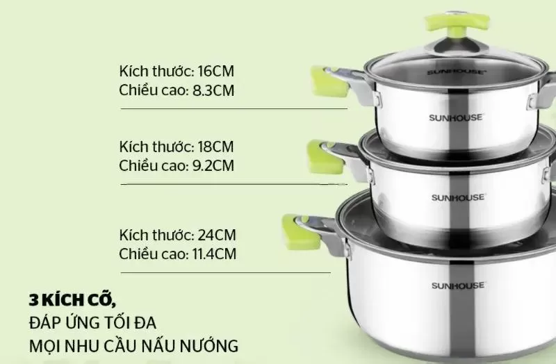 Bộ nồi inox 3 đáy Sunhouse SH336