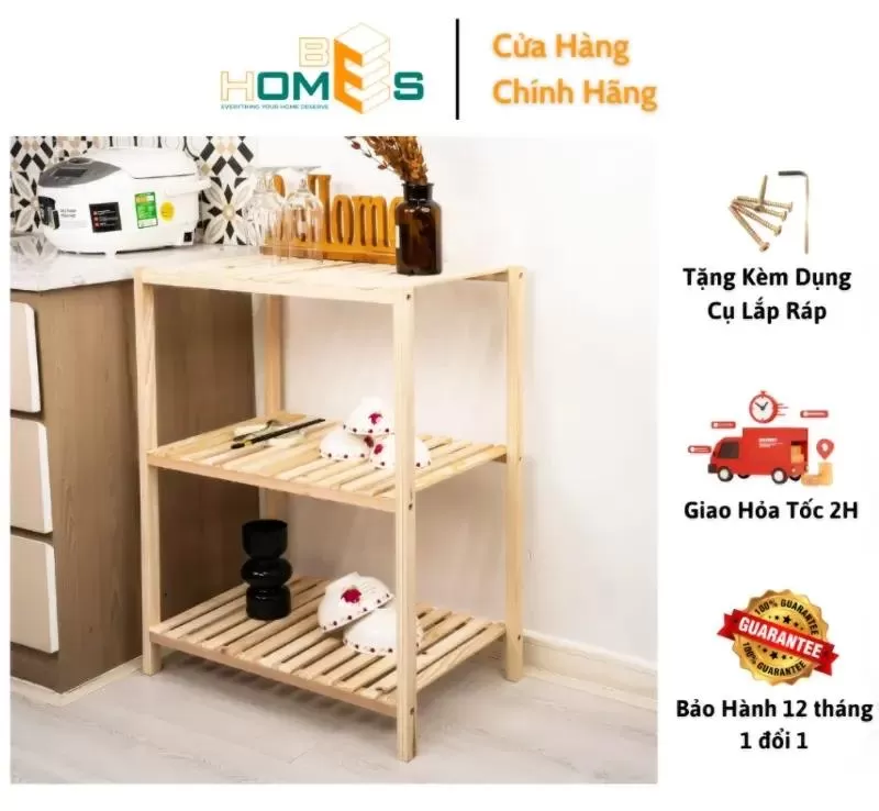 Kệ để đồ nhà bếp gỗ lò vi sóng BEHOMES 3 tầng