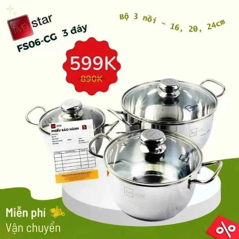 Bộ 3 nồi inox 3 đáy nắp kính Fivestar FS06CG