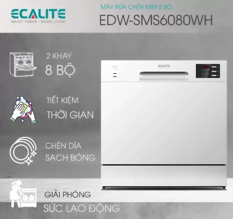 Máy rửa chén bát 8 bộ Ecalite EDW-SMS6080WH